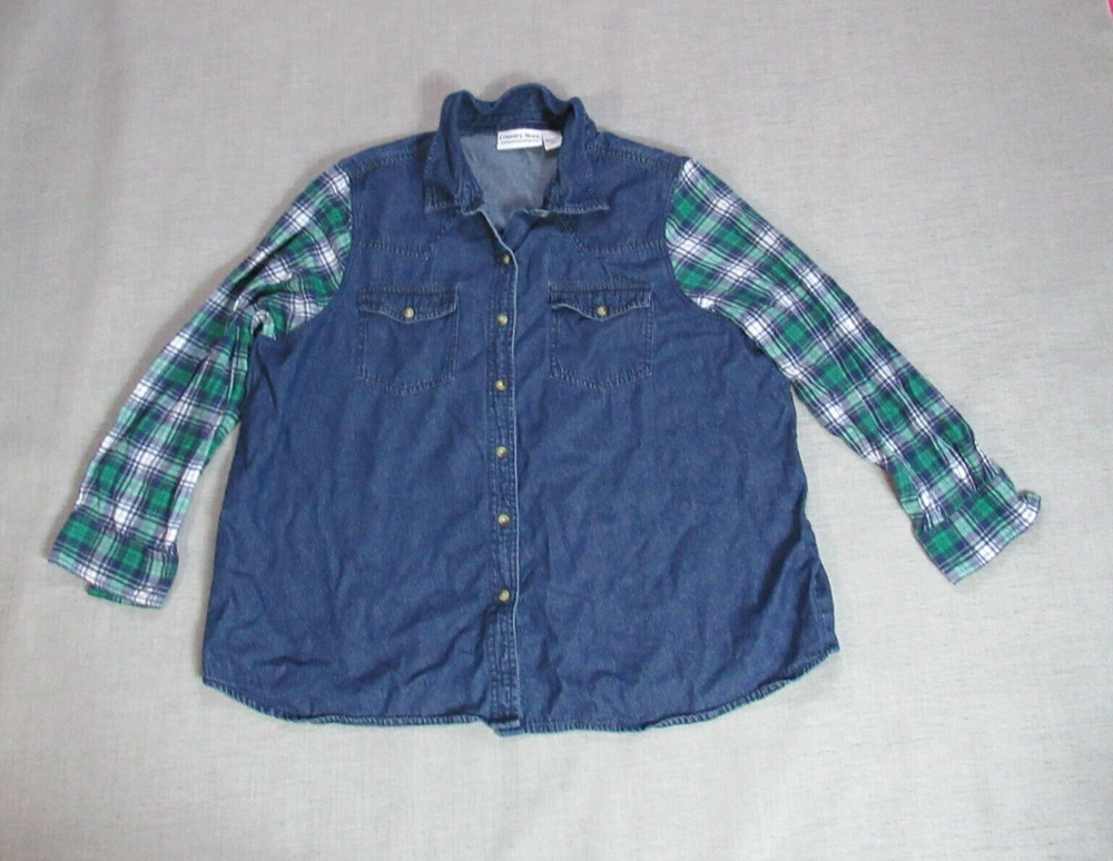 Country Store Top Womens 2X Blue Green Button Plaid Denim Shirt Western Rancher